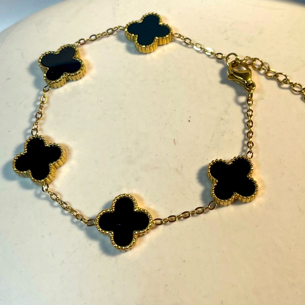 Gold & Black Clover Bracelet Designer Luxury Style Gold Plated Stainless